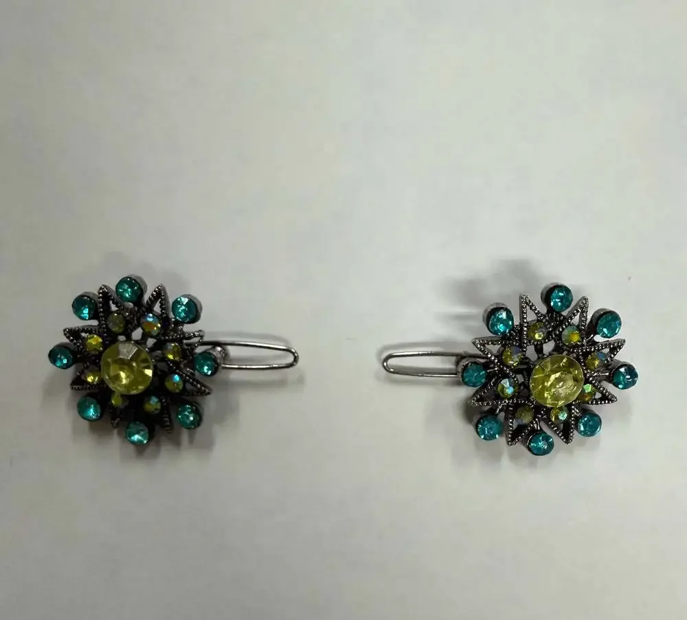 Vintage Silver Tone Star Flower Rhinestone Hair Clips